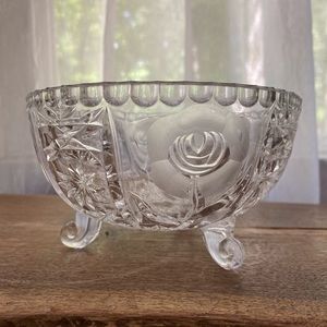 Pretty vintage pressed glass floral starburst candy dish with claw feet